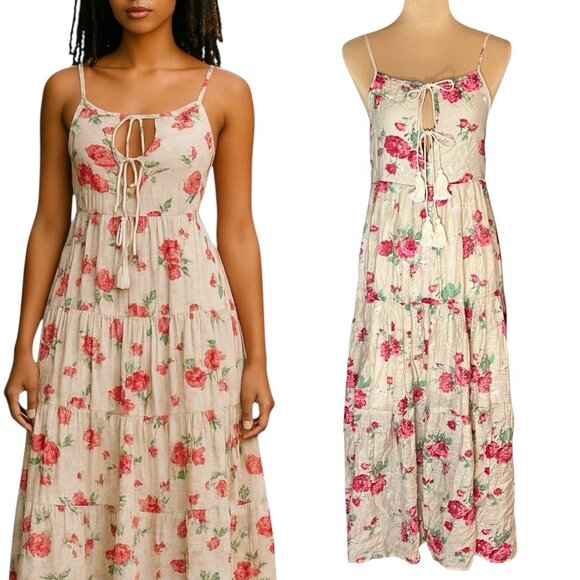 Christy Dawn Floral Tiered Midi Dress Sz.S Ivory Red Roses Romantic Sundress - Picture 1 of 16